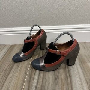 Jeffrey Campbell Leather T Strap Mary Jane Pumps Sz 9 Red Blue Retro Twee Suede